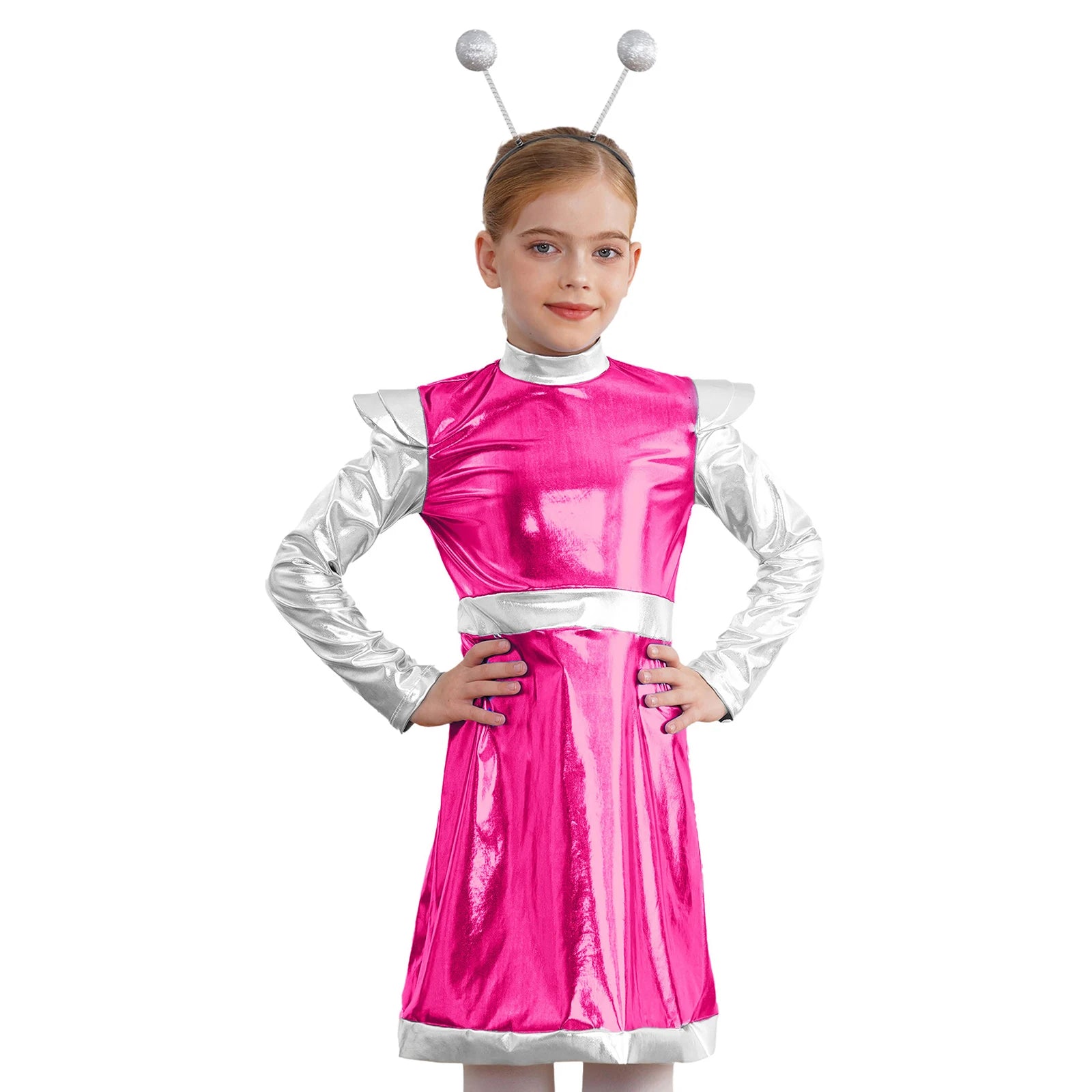 Kids Alien Cosplay Costume Outfits Boys Girls Metallic Shiny Alien Jumpsuit Halloween Full Length Bodysuit with Hair Hoop Suit