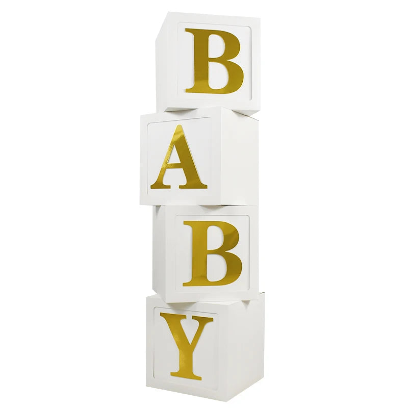 Baby Boxes with Letters for Baby Shower Gender Reveal Decorations White Boxes Blocks with 4 pcs Letters Birthday Party Decor