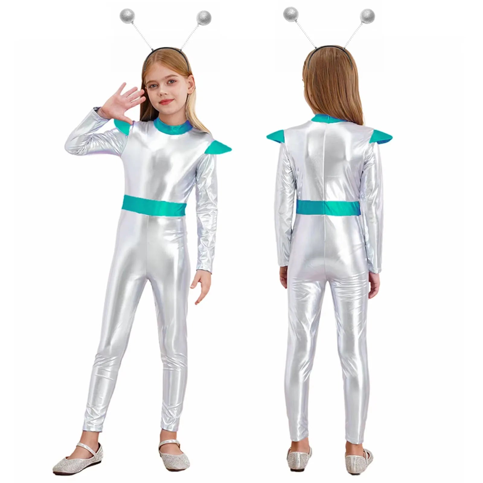 Kids Alien Cosplay Costume Outfits Boys Girls Metallic Shiny Alien Jumpsuit Halloween Full Length Bodysuit with Hair Hoop Suit