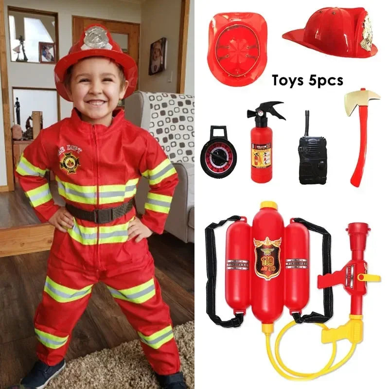 Kids Firefighter Halloween Cosplay Uniform Toys Children Sam Firemen Role Work Clothing Suit Boy Girl Performance Party Costumes