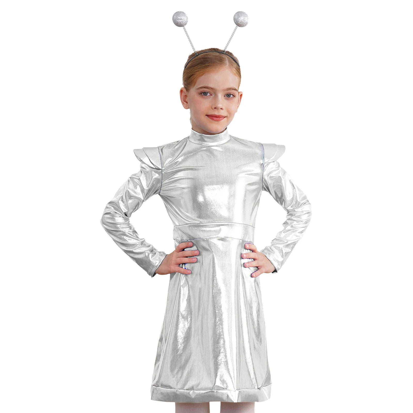 Kids Alien Cosplay Costume Outfits Boys Girls Metallic Shiny Alien Jumpsuit Halloween Full Length Bodysuit with Hair Hoop Suit