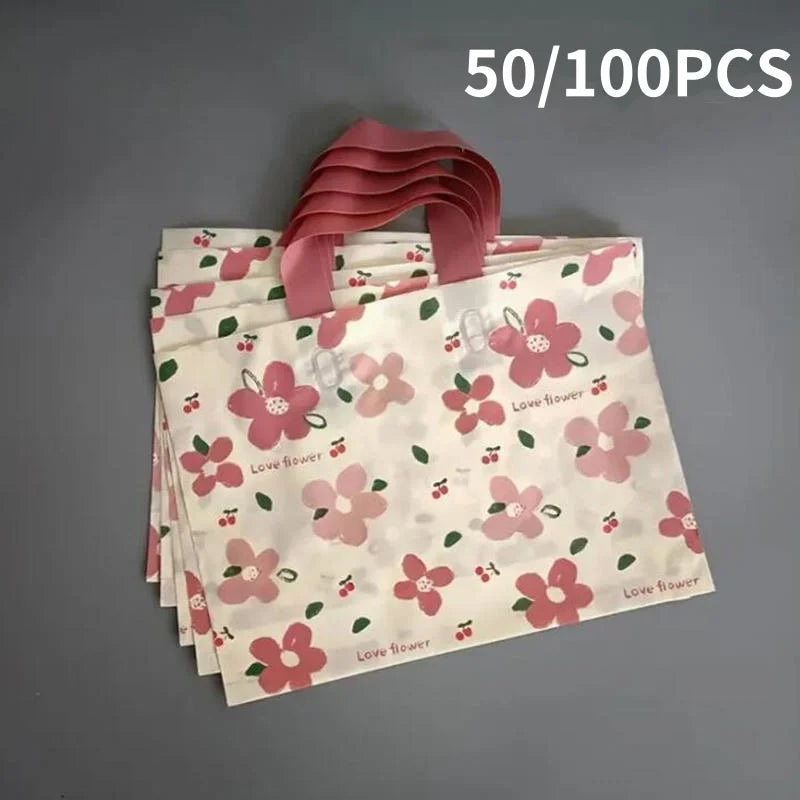 100/50 Pcs Plastic Packaging Bags with Handle Transparent Shopping Flower Carry Out Bags Gift Bag Kitchen Accessory