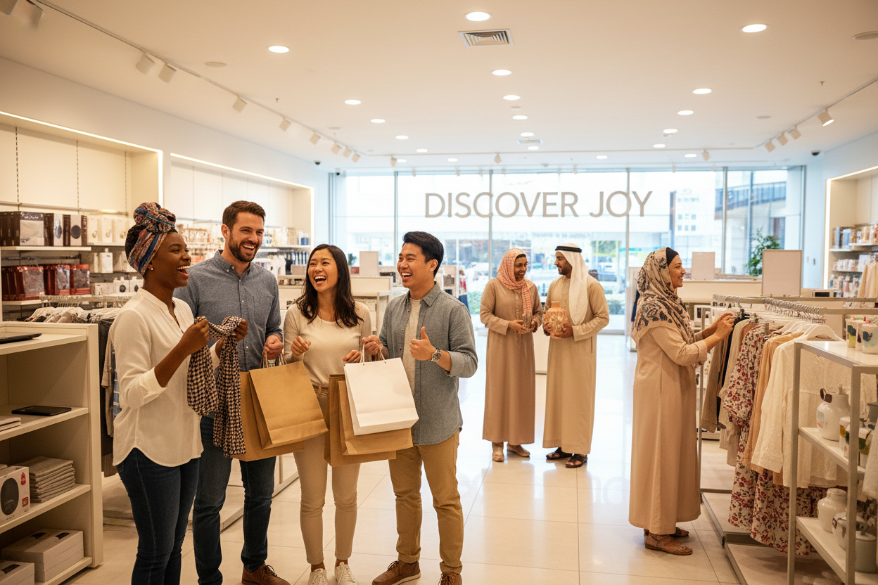 Differences races of people having a happy shopping experience
