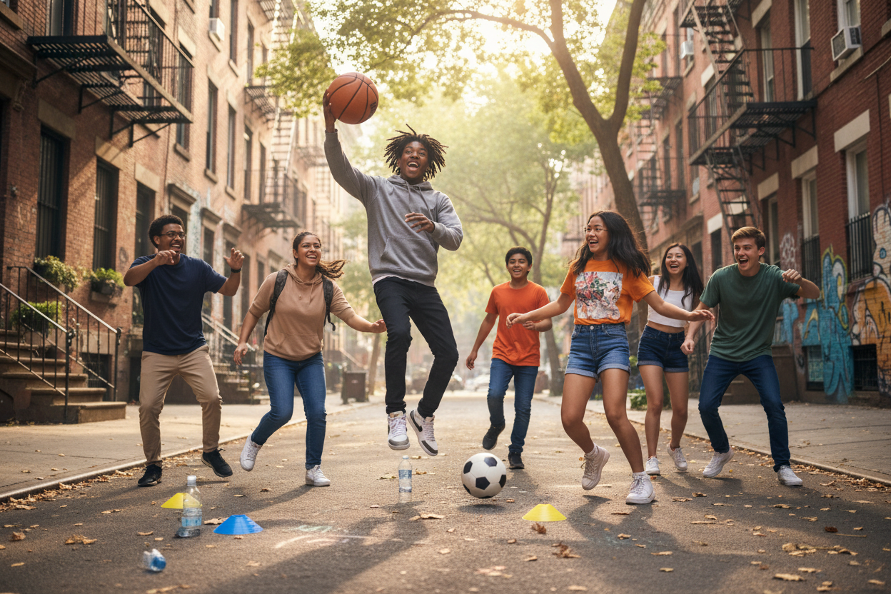 Teenagers of different races playing ball in the streets