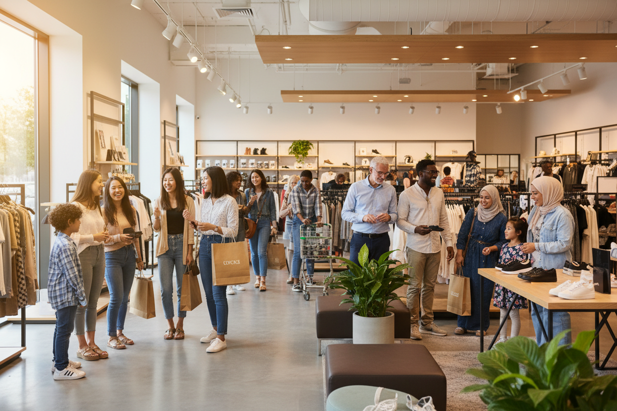 Video of different races of people shopping in one place